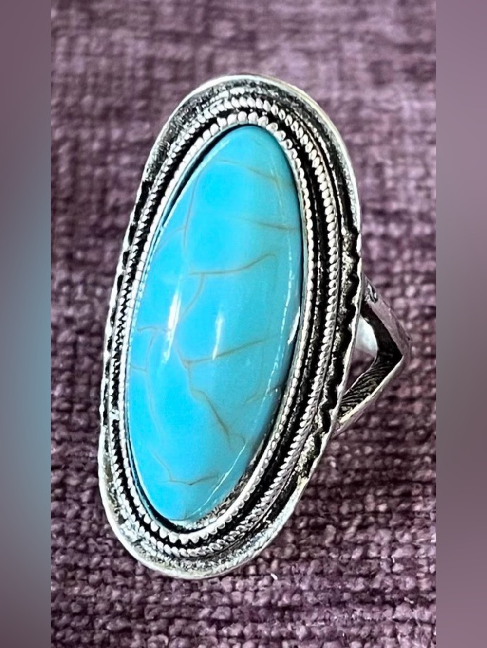 Vintage Oval Blue Cabochon Ring, Silver Tone Size: 7